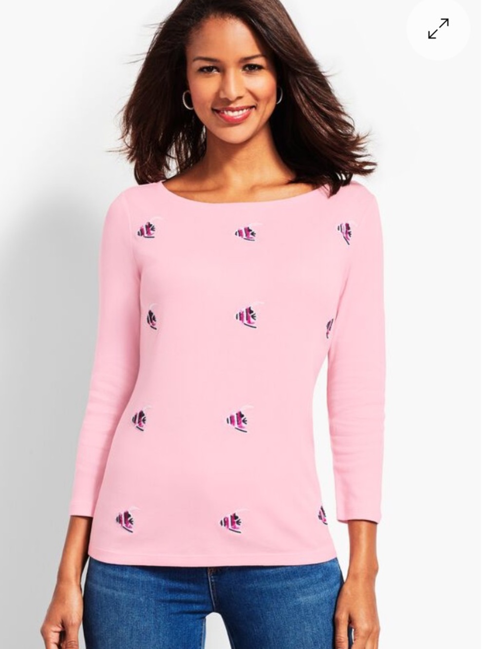 Talbots Pink bateau neck 3/4 sleeve top with embroidered and beaded fish